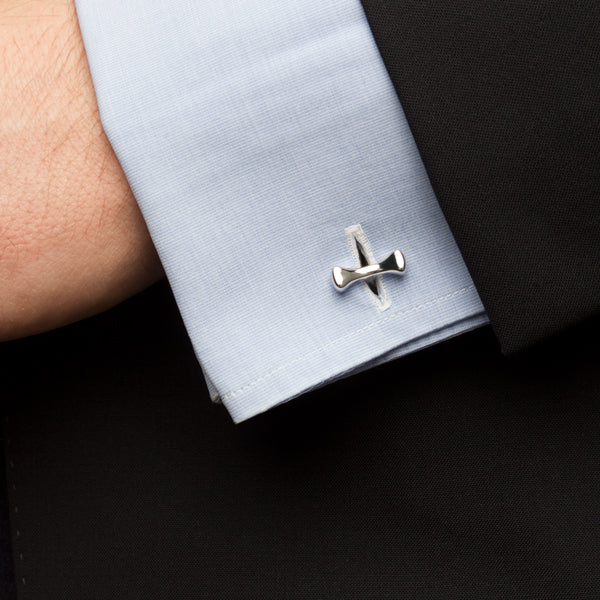 H-OS Silver Cufflink on a light blue cuff